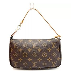 Louis Vuitton Brown Monogram Mini Pochette with Tan Leather Strap